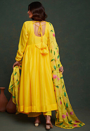 Hand Printed Viscose Silk Anarkali Suit in Yellow