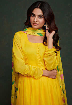 Hand Printed Viscose Silk Anarkali Suit in Yellow