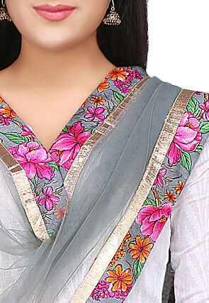 Patch Border Net Dupatta in Grey