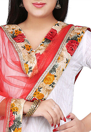Patch Border Net Dupatta in Red