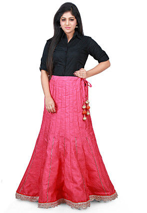Scallop Border Bhagalpuri Silk Long Skirt in Pink