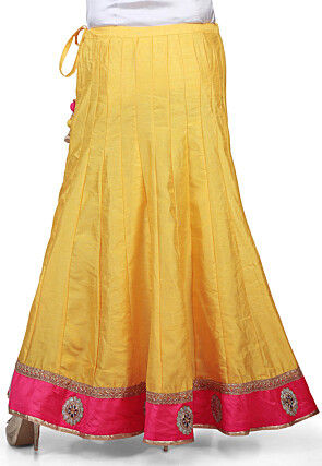Embroidered Patch Border Dupion Silk Long Skirt in Yellow