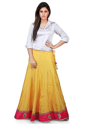 Embroidered Patch Border Dupion Silk Long Skirt in Yellow