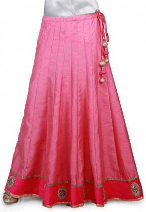 Embroidered Patch Border Bhagalpuri Silk Long Skirt in Pink