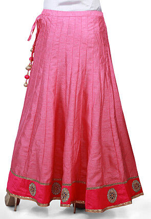 Embroidered Patch Border Bhagalpuri Silk Long Skirt in Pink