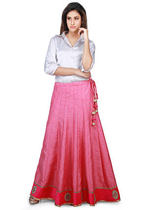 Embroidered Patch Border Bhagalpuri Silk Long Skirt in Pink