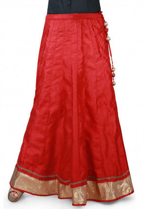 Contrast Patch Border Bhagalpuri Silk Long Skirt in Red