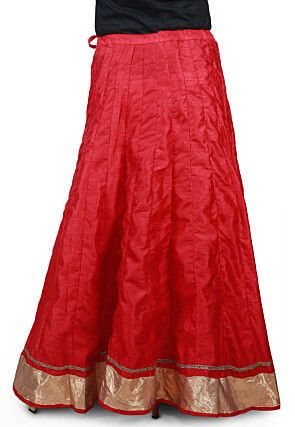 Contrast Patch Border Bhagalpuri Silk Long Skirt in Red