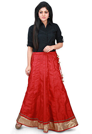 Contrast Patch Border Bhagalpuri Silk Long Skirt in Red