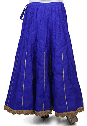 Scallop Border Bhagalpuri Silk Long Skirt in Royal Blue