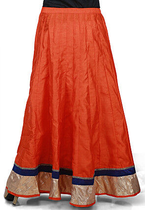 Contrast Patch Border Bhagalpuri Silk Long Skirt in Orange