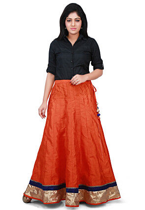 Contrast Patch Border Bhagalpuri Silk Long Skirt in Orange