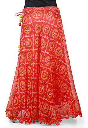 Bandhej Georgette Long Skirt in Red