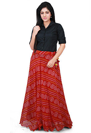 Bandhej Georgette Long Skirt in Red