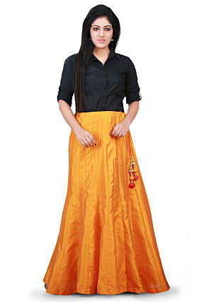 Plain Dupion Silk Long Skirt in Mustard