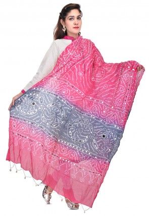 Bandhani Printed Cotton Dupatta in Pink and Blue