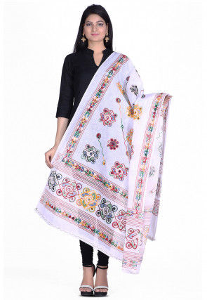 Kantha Embroidered Cotton Dupatta in White