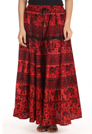 Printed Cotton Long Skirt in Red