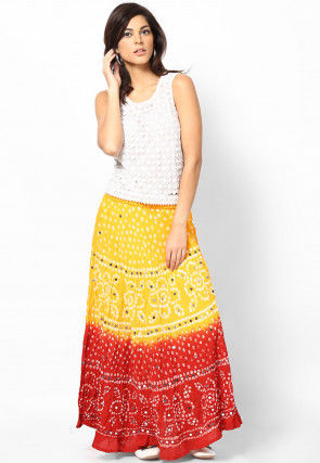 Embroidered Cotton Long Skirt In Yellow and Red