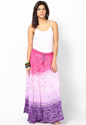 Embroidered Cotton Long Skirt In Pink and Purple