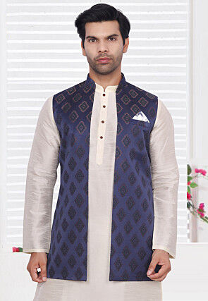 Brocade Art Brocade Silk Nehru Jacket in Navy Blue