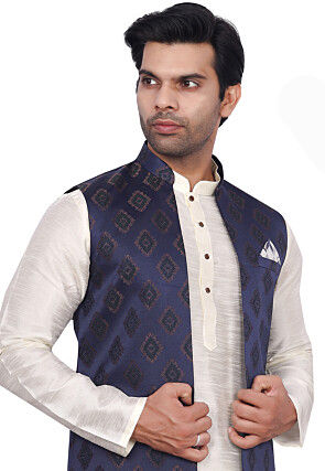 Brocade Art Brocade Silk Nehru Jacket in Navy Blue