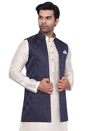 Brocade Art Brocade Silk Nehru Jacket in Navy Blue