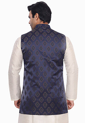 Brocade Art Brocade Silk Nehru Jacket in Navy Blue