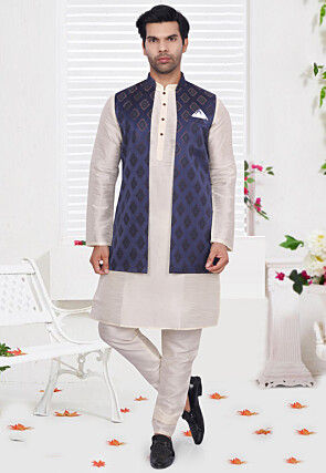 Brocade Art Brocade Silk Nehru Jacket in Navy Blue