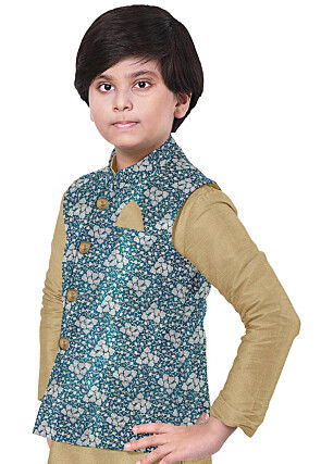 Brocade Art Brocade Silk Nehru Jacket in Teal Blue
