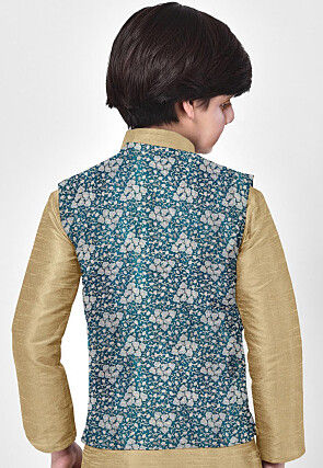 Brocade Art Brocade Silk Nehru Jacket in Teal Blue