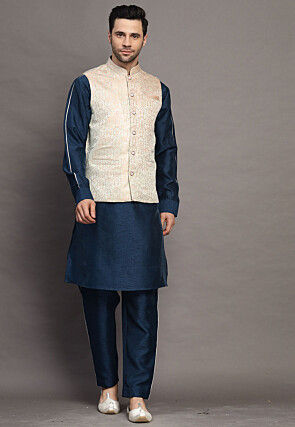 Brocade Art Silk Kurta Jacket Set in Teal Blue and Light Beige
