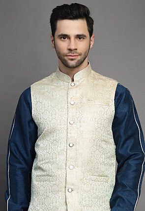 Brocade Art Silk Kurta Jacket Set in Teal Blue and Light Beige