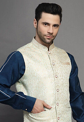 Brocade Art Silk Kurta Jacket Set in Teal Blue and Light Beige