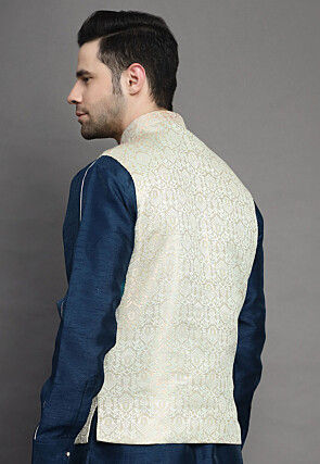 Brocade Art Silk Kurta Jacket Set in Teal Blue and Light Beige