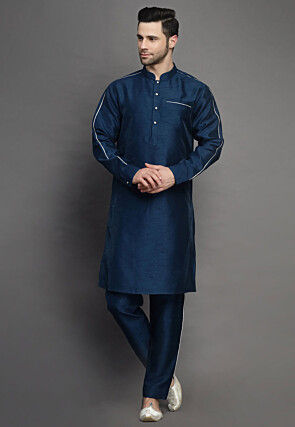 Brocade Art Silk Kurta Jacket Set in Teal Blue and Light Beige