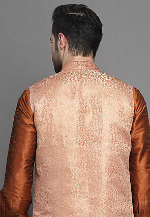 Brocade Art Silk Kurta Jacket Set in Brown and Peach