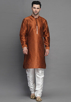 Brocade Art Silk Kurta Jacket Set in Brown and Peach