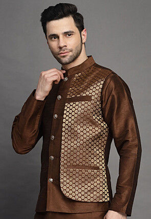 Brocade Art Silk Kurta Jacket Set in Brown