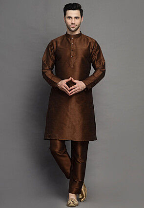 Brocade Art Silk Kurta Jacket Set in Brown