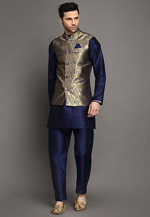 Brocade Art Silk Kurta Jacket Set in Navy Blue