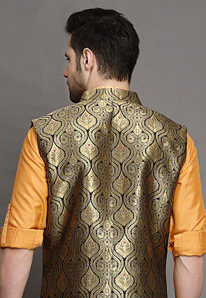 Brocade Art Silk Kurta Jacket Set in Orange