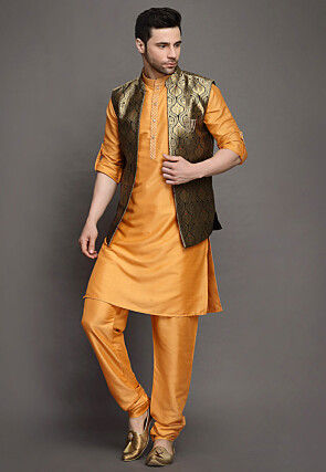 Brocade Art Silk Kurta Jacket Set in Orange
