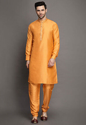 Brocade Art Silk Kurta Jacket Set in Orange