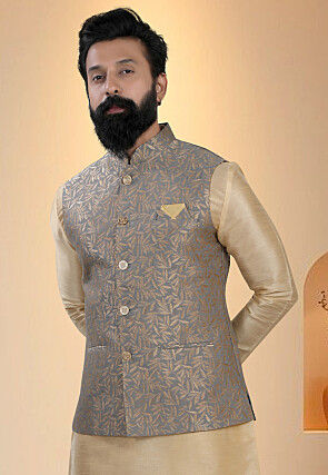 Brocade Art Silk Nehru Jacket in Grey