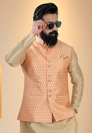 Brocade Art Silk Nehru Jacket in Light Orange