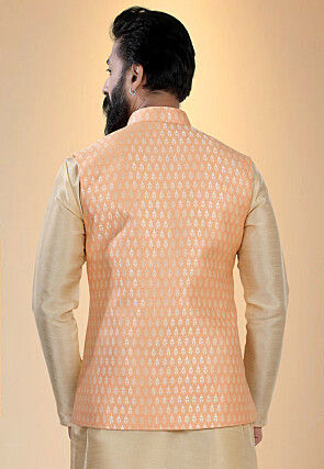 Brocade Art Silk Nehru Jacket in Light Orange