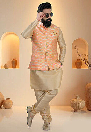 Brocade Art Silk Nehru Jacket in Light Orange