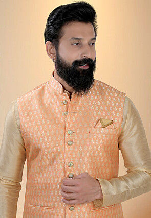 Brocade Art Silk Nehru Jacket in Light Orange