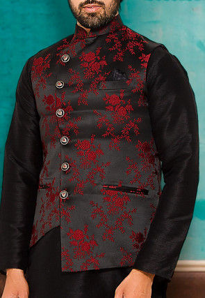 Brocade Asymmetric Nehru Jacket in Black